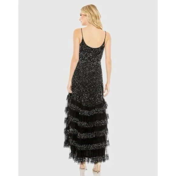 MAC DUGGAL Size 6 Black 10883 Embellished Scoop Neck Tiered Formal Gown Dress